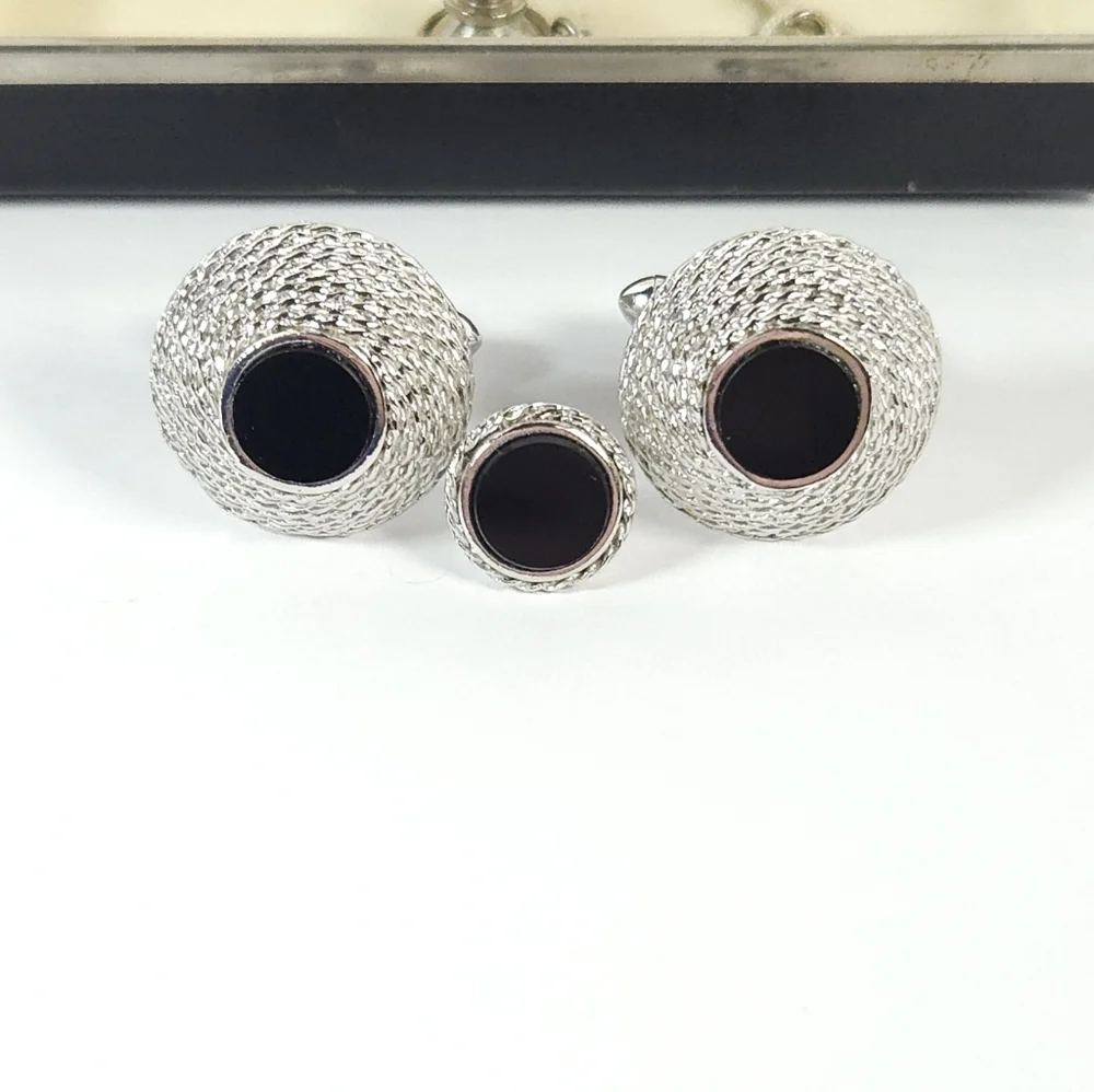 Vintage Swank Silver & Black Onyx Cuff Link Tie Lapel Pin Browning Fifth Avenue